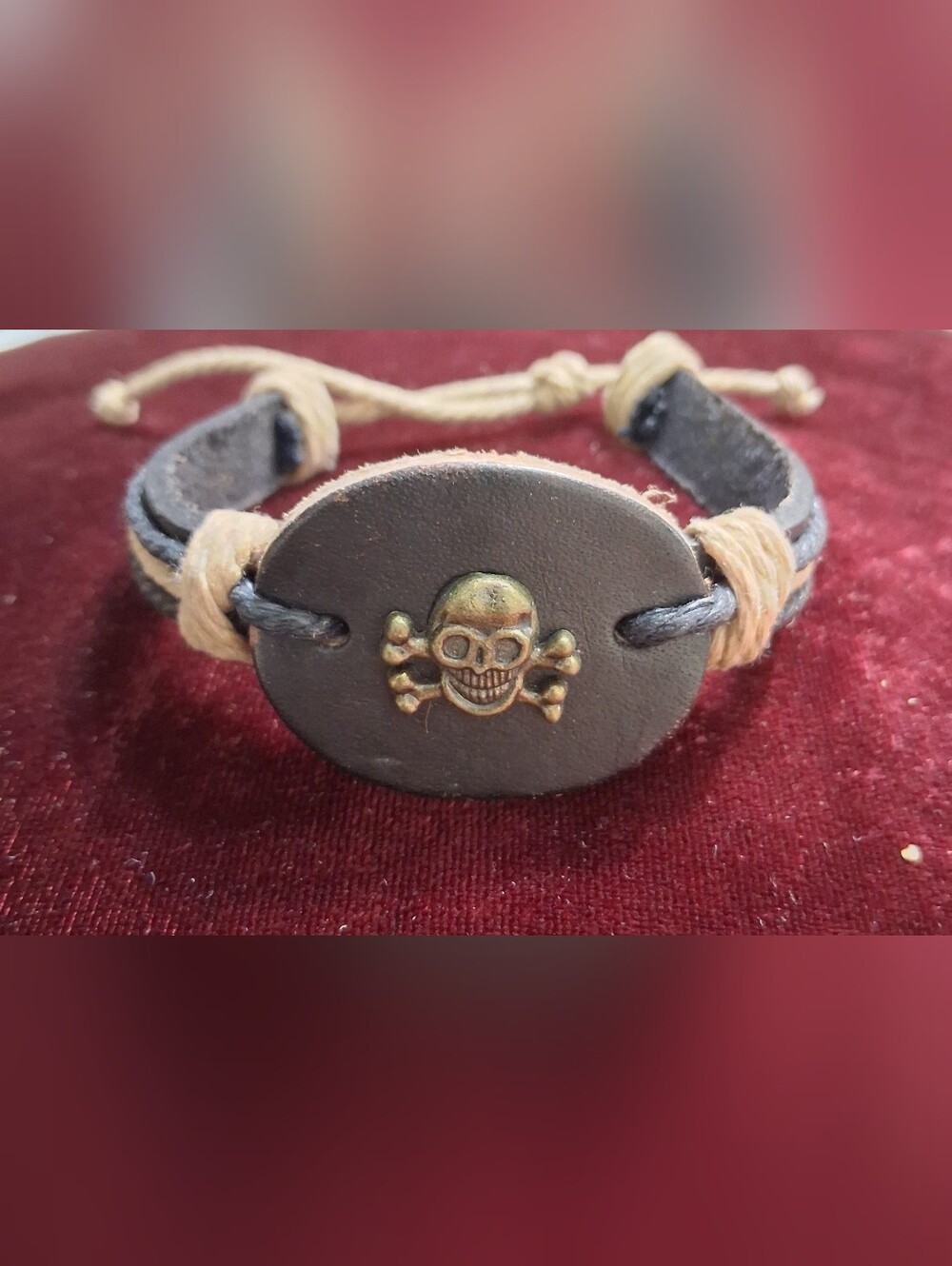 Men's Black Leather Skull & Crossbones Cord Bracelet